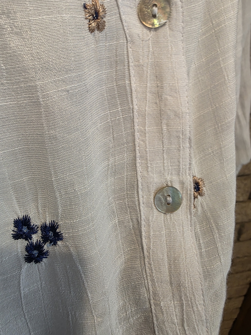 fig and flower White Floral Button-Front Blouse with Blue & Tan Accents - Picture 5 of 7